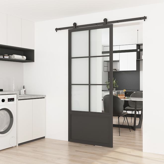 Ensemble de porte de grange Farmhouse Landon & Co. en acier noir mat avec 6 verres, 36 x 84 po