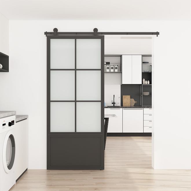 Ensemble de porte de grange Farmhouse Landon & Co. en acier noir mat avec 6 verres, 36 x 84 po
