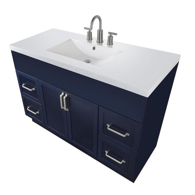 Meuble-lavabo Cutler Forest Saint 48 po bleu 1 évier avec dessus blanc en poudre de marbre