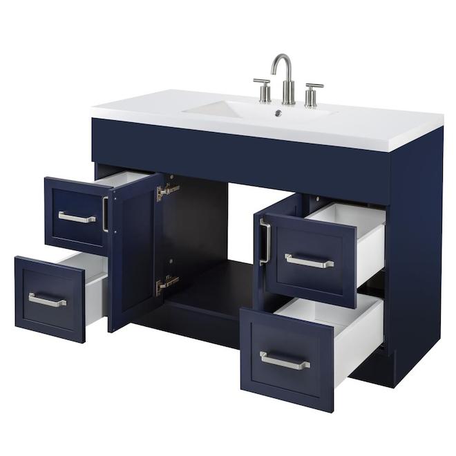 Meuble-lavabo Cutler Forest Saint 48 po bleu 1 évier avec dessus blanc en poudre de marbre