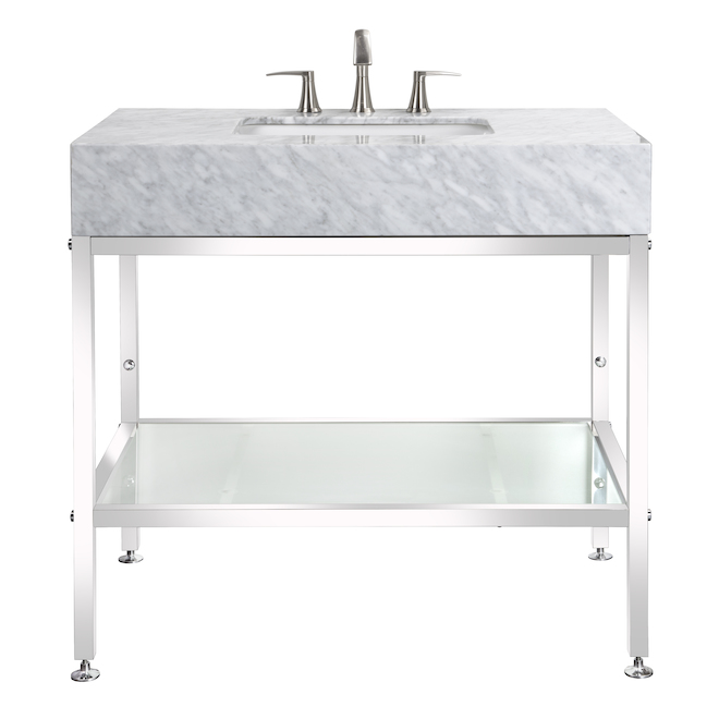 BanoDesign Abigail 36-in Bathroom Vanity - Stainless Steel Frame - Natural Marble Top - White and Grey