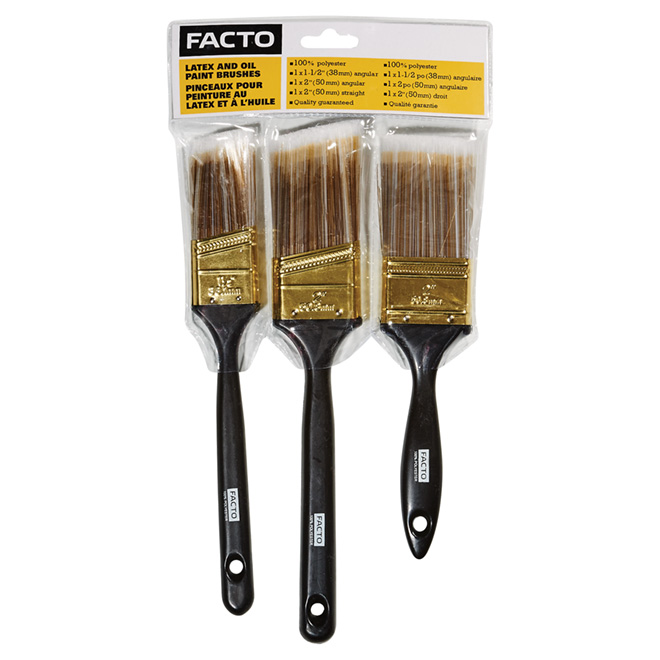 Facto Paint Brush Set - Synthetic - Angular- Straight - Plastic Handle - Polyester - 3 Per Pack