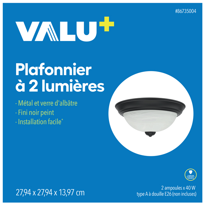 Plafonnier à 2 lumières VALU+ 11 po dia. en verre et noir