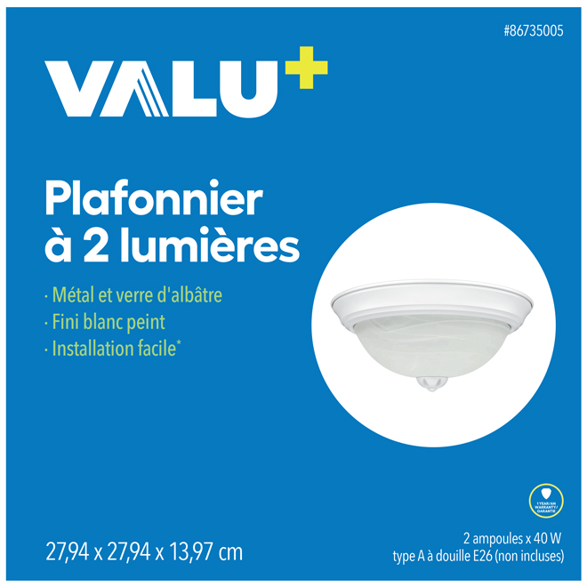 Plafonnier à 2 lumières VALU+ 11 po dia. en verre et fini blanc