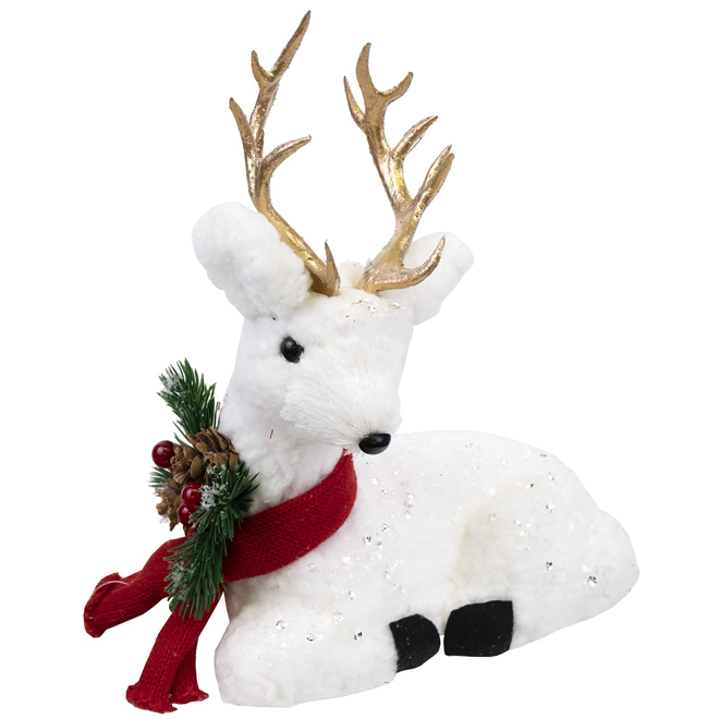 Celebrations by L&CO Sitting White Reindeer of 10.5-in with Red Scarf and Gold Antlers