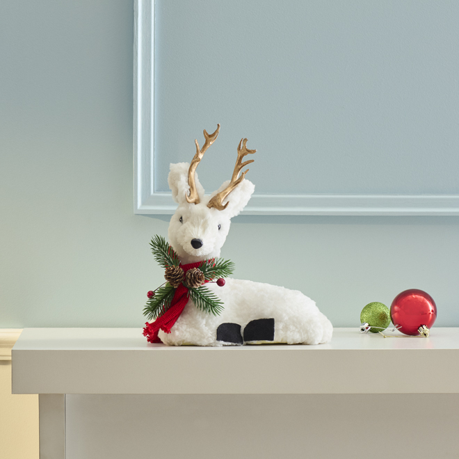 Celebrations by L&CO Sitting White Reindeer of 10.5-in with Red Scarf and Gold Antlers