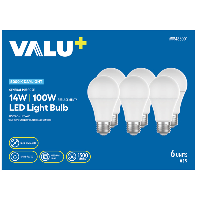 VALU+ A19 LED Light Bulb 14W 5000K of Daylight - Pack of 6