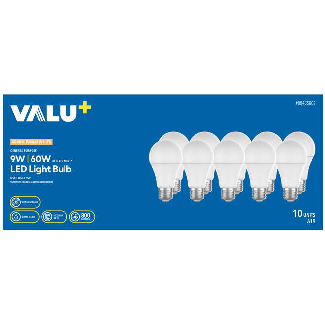 VALU+ LED A19 9W Soft White Light Bulb - Pack of 10