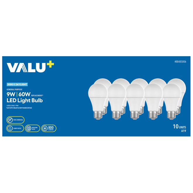 VALU+ LED A19 9W Day Light Light Bulb - Pack of 10