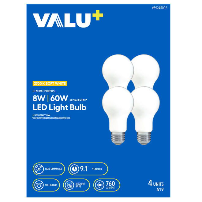 VALU+ 60W LED Bulb A19 Medium Base Warm White - 4-Pack