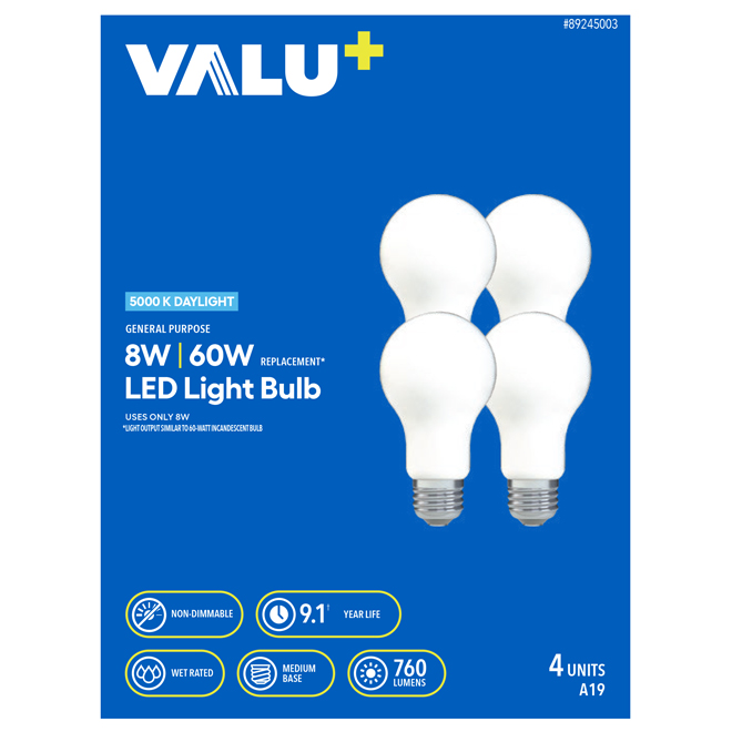 VALU+ 60W LED Bulb A19 Medium Base  Daylight Light - 4-Pack