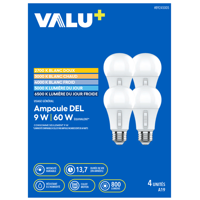 Ampoule DEL à intensité variable 5CCT culot moyen A19 60W VALU+, paquet de 4