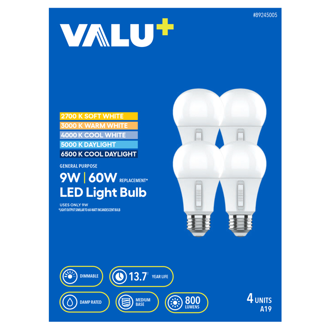 VALU+ 60W Dimmable 5CCT LED Bulb A19 Medium Base - 4-Pack