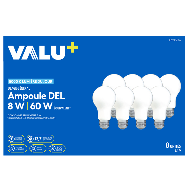 Ampoule DEL à intensité variable VALU+ culot moyen A19 60W lumière du jour, paquet de 8