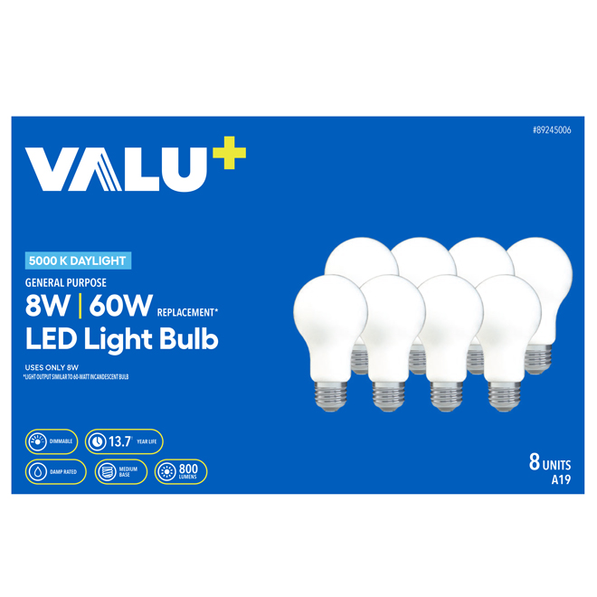 VALU+ 60W Dimmable LED Bulb A19 Medium Base Daylight Light - 8-Pack