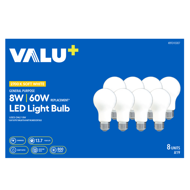 VALU+ 60W Dimmable LED Bulb A19 Medium Base Soft White - 8-Pack