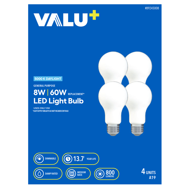 VALU+ 60W Dimmable LED Bulb A19 Medium Base Daylight Light - 4-Pack