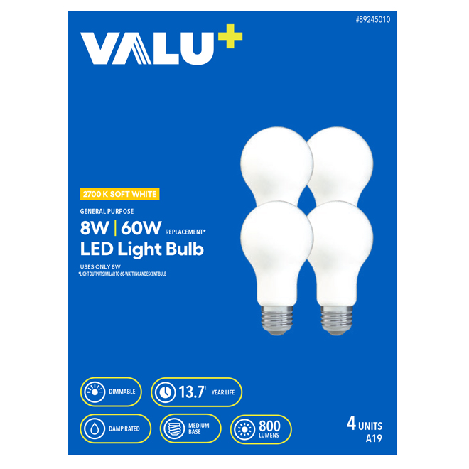 VALU+ 60W Dimmable LED Bulb A19 Medium Base Soft White - 4-Pack