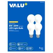 VALU+ 4-Pack A19 Medium Base Soft White 60W Dimmable LED Bulb