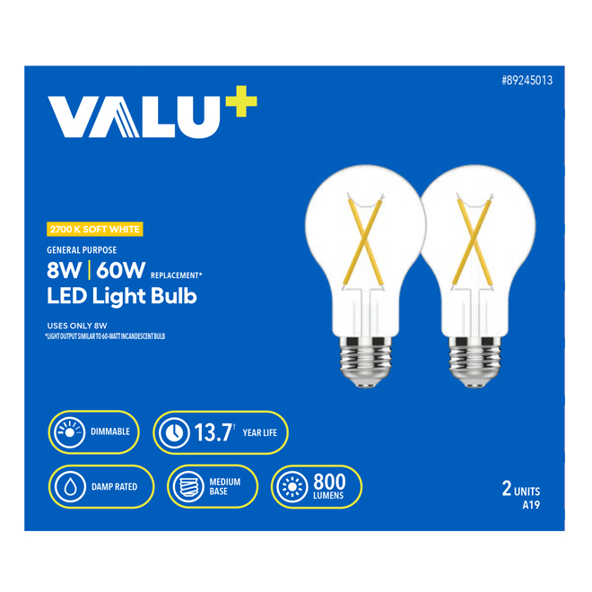 VALU+ 60W Dimmable LED Bulb A19 Medium Base Soft White - 2-Pack