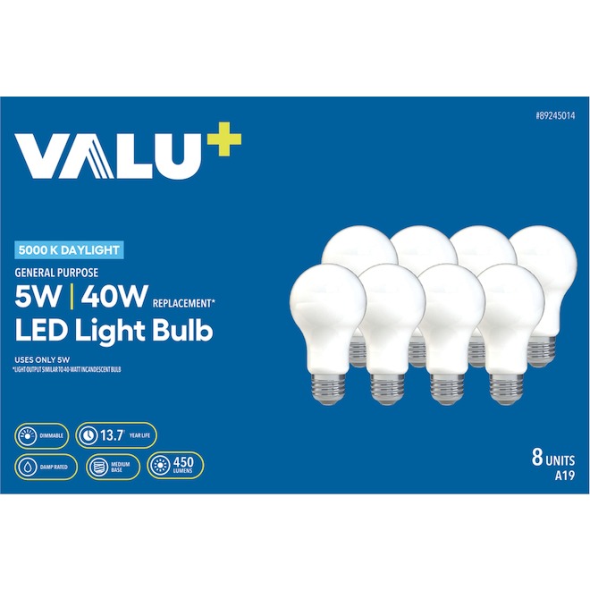 VALU+ LED Light Bulb A19 40 W Dimmable - Daylight - Pack of 8