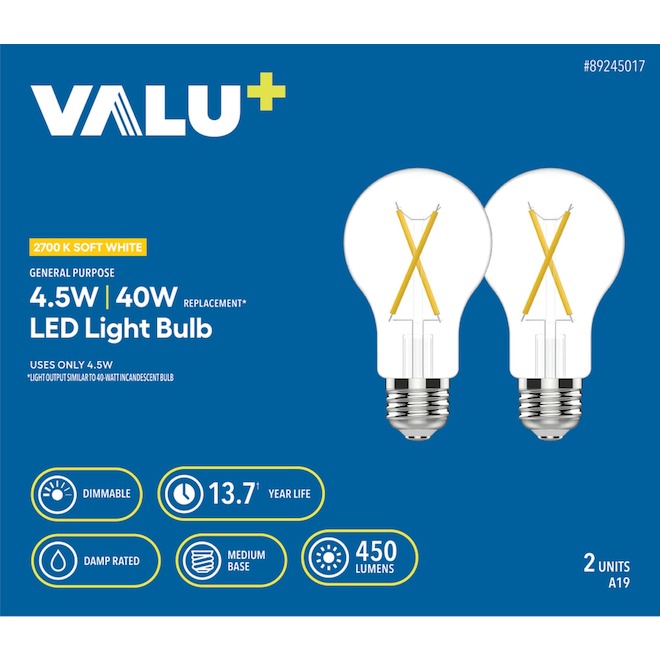 VALU+ Clear LED Light Bulb A19 40 W Dimmable - Soft White - Pack of 2