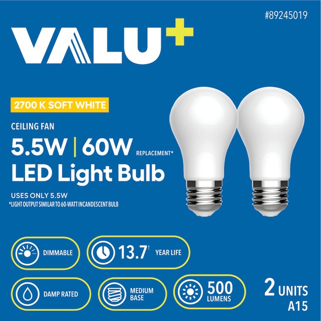 VALU+ LED Light Bulb A15 with Frosted Glass 60 W Dimmable - Soft White - Pack of 2