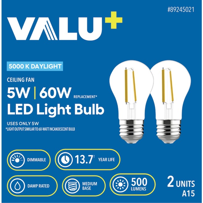 VALU+ LED Light Bulb A15 for Ceiling Fans 60 W Dimmable -Daylight - Pack of 2