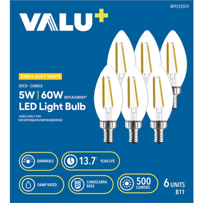 VALU+ LED Light Bulb B11 60 W Non-Dimmable - Soft White - Pack of 6