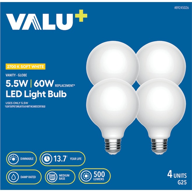 VALU+ Globe LED Light Bulb 60 W Dimmable - Soft White - Pack of 4