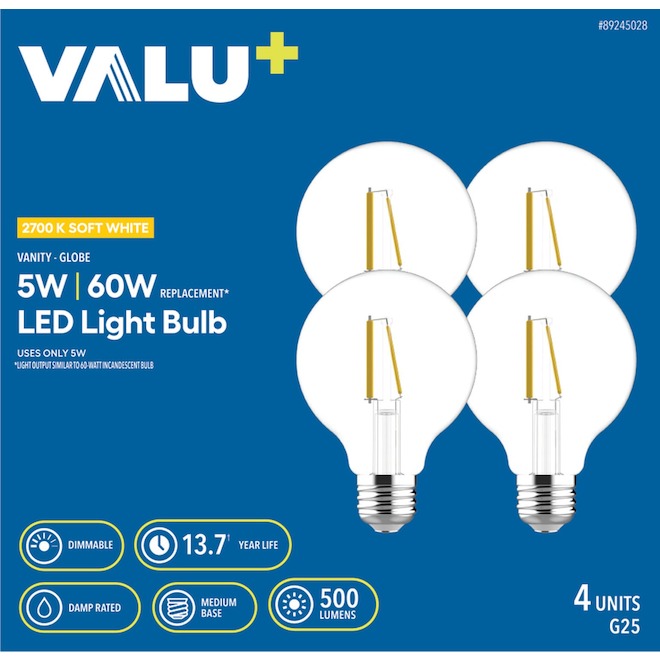 VALU+ Globe Clear LED Light Bulb 60 W Dimmable - Soft White - Pack of 4 ...