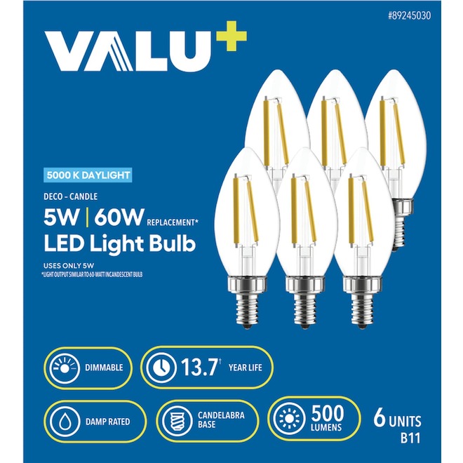VALU+ LED Light Bulb B11 60 W Dimmable - Daylight - Pack of 6