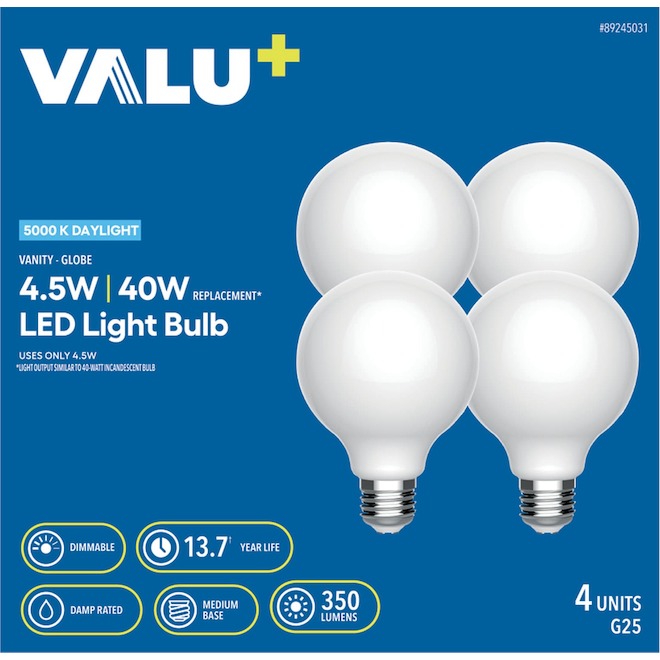 VALU+ Globe LED Light Bulb 40 W Dimmable - Daylight - Pack of 4