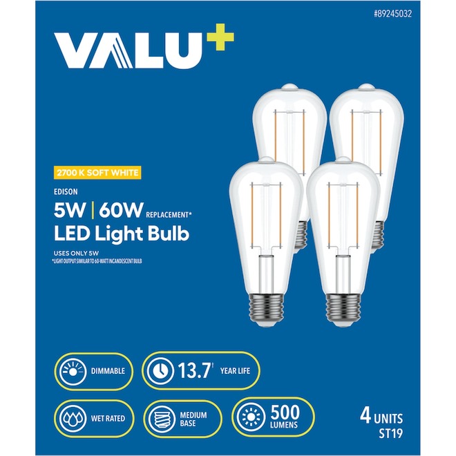 VALU+ Edison LED Light Bulb ST19 60 W Dimmable - Soft White - Pack of 4