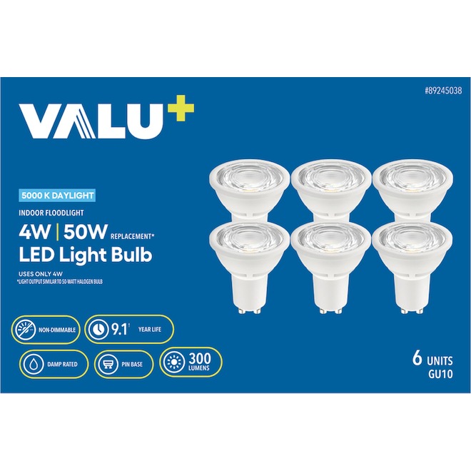 VALU+ LED Light Bulb GU10 for Non-Dimmable 50 W Indoor Floodlight - Daylight - Pack of 6