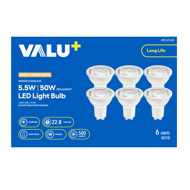 VALU+ 50W Dimmable LED GU10 Bulb A19 Medium Base Warm White - 6-Pack