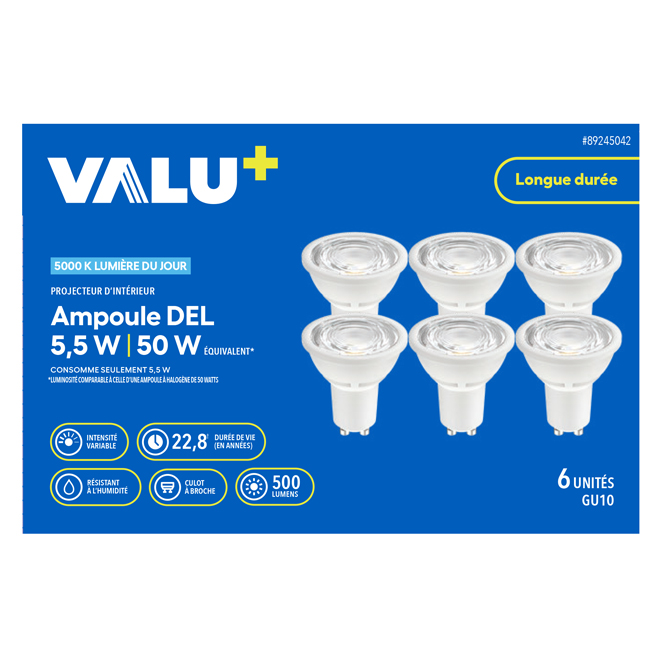 Ampoule DEL GU10 à intensité variable VALU+ culot moyen A19 50W lumière de jour, paquet de 6