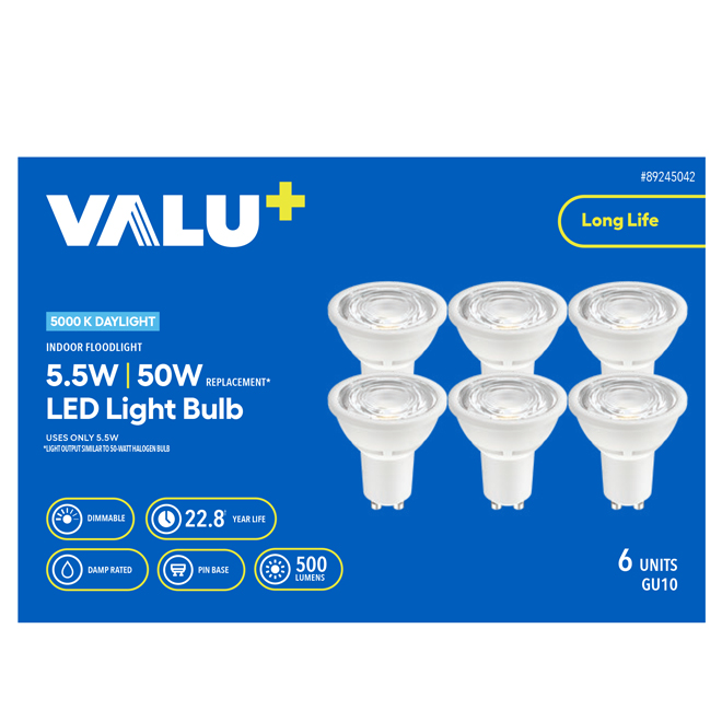 VALU+ 50W Dimmable LED GU10 Bulb A19 Medium Base Daylight - 6-Pack