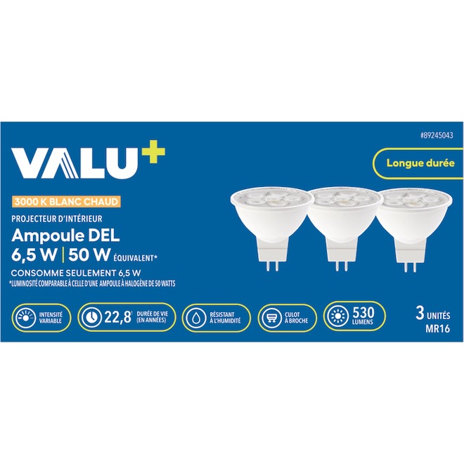 Ampoule DEL MR16 VALU+ pour projecteur d'intérieur 50 W à intensité variable, blanc chaud, paquet de 3
