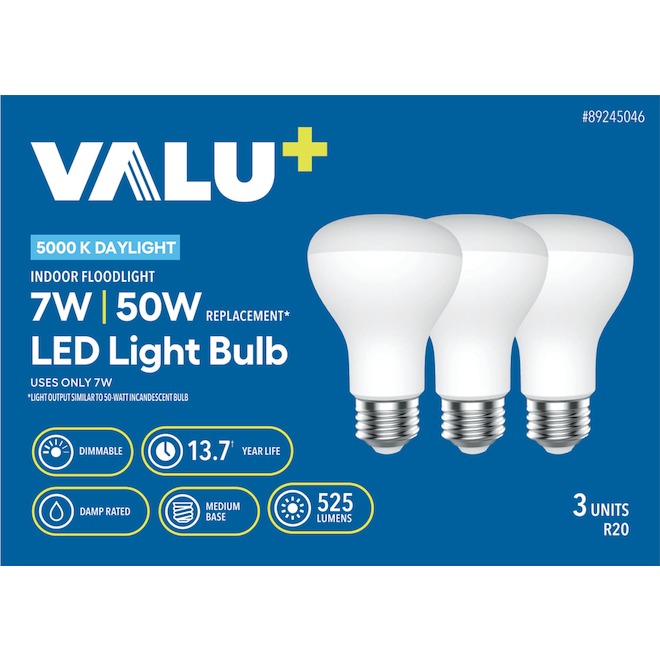 VALU+ LED Light Bulb R20 for Dimmable 50 W Indoor Floodlight - Daylight - Pack of 3