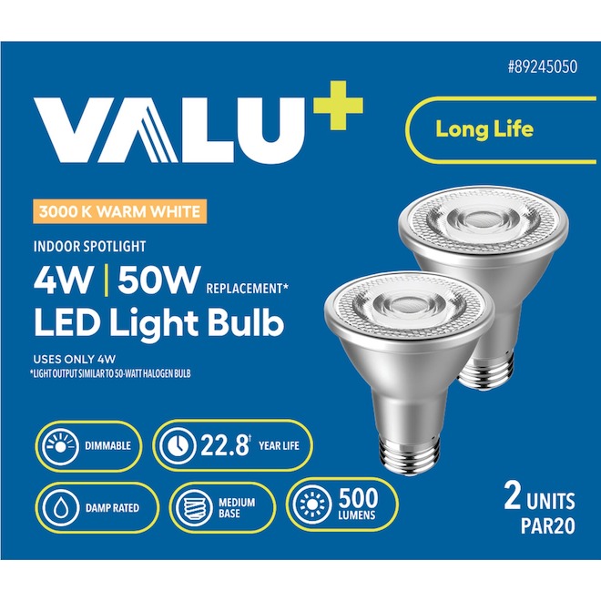 VALU+ LED Light Bulb PAR20 50 W for Dimmable Indoor Spotlight - Warm White - Pack of 2