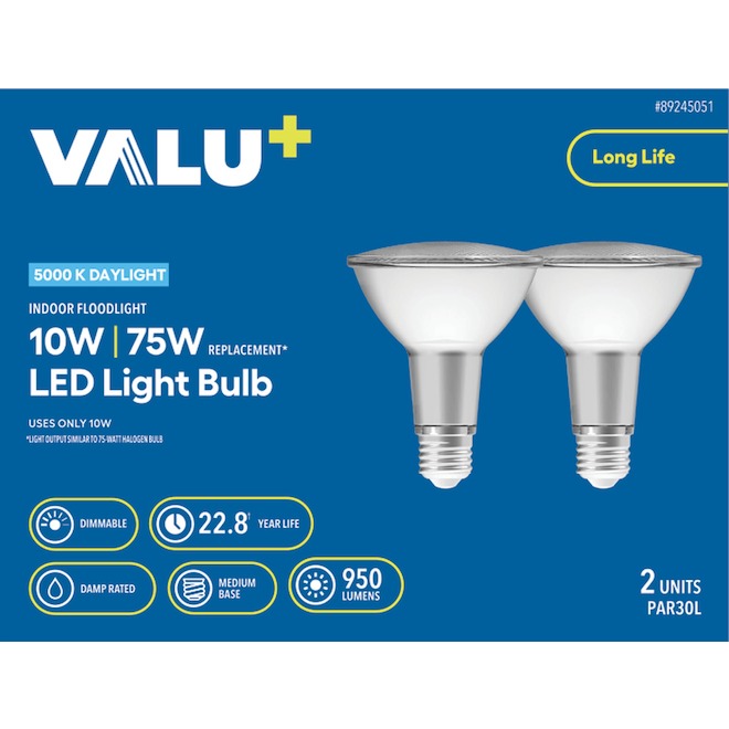 VALU+ LED Light Bulb PAR30L for Dimmable 75 W Indoor Floodlight - Daylight - Pack of 2