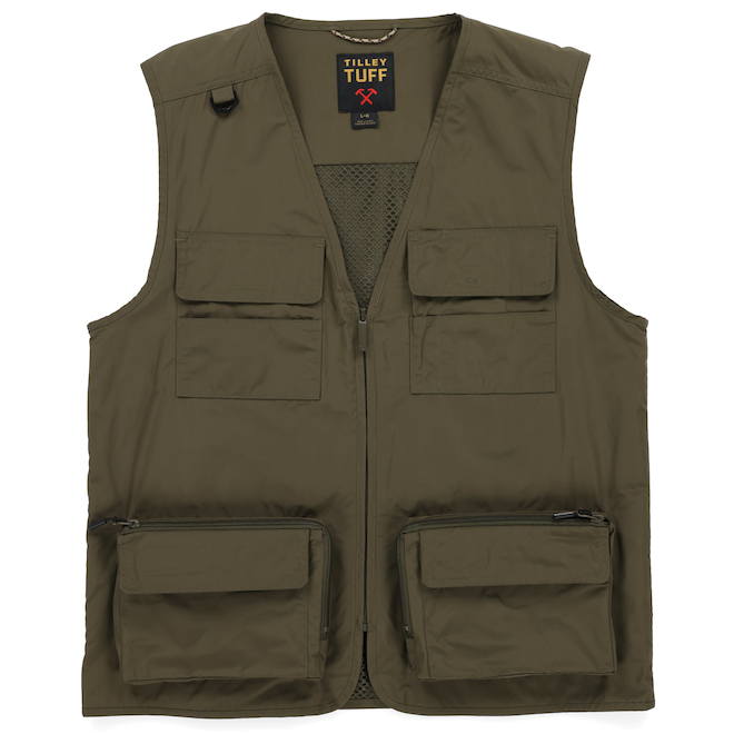 Veste sans manches utilitaire Tilley Tuff pour homme en polyester olive avec 6 poches, moyen