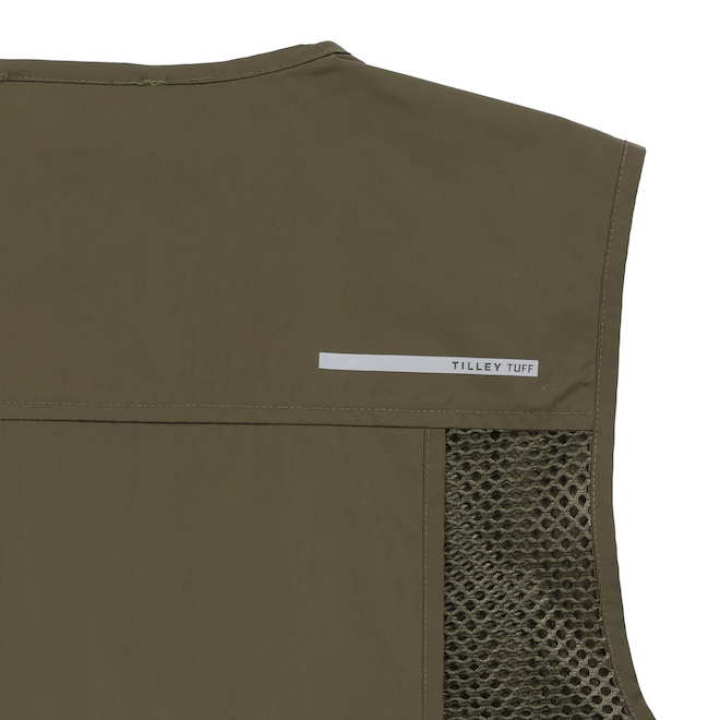 Veste sans manches utilitaire Tilley Tuff pour homme en polyester olive avec 6 poches, moyen