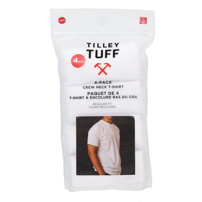 Tilley Tuff Crew Neck T-Shirts in White Cotton - Large - 4/Pack