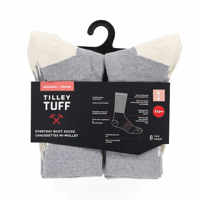 Tilley Tuff Women's Boot Socks in Grey Cotton and Polyester - Size 6 to 9 - Pack of 8