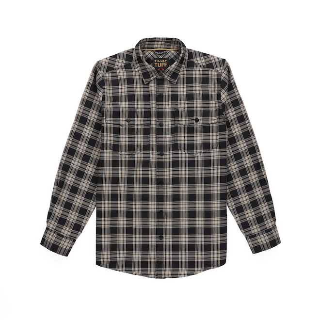 Tilley Tuff Work Shirt for Men with Chest Pockets in Black Plaid Twill - Large