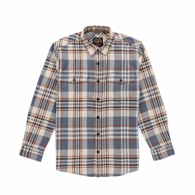 Tilley Tuff Work Shirt for Men with Chest Pockets in Blue and Greige Plaid Twill - 3X-Large