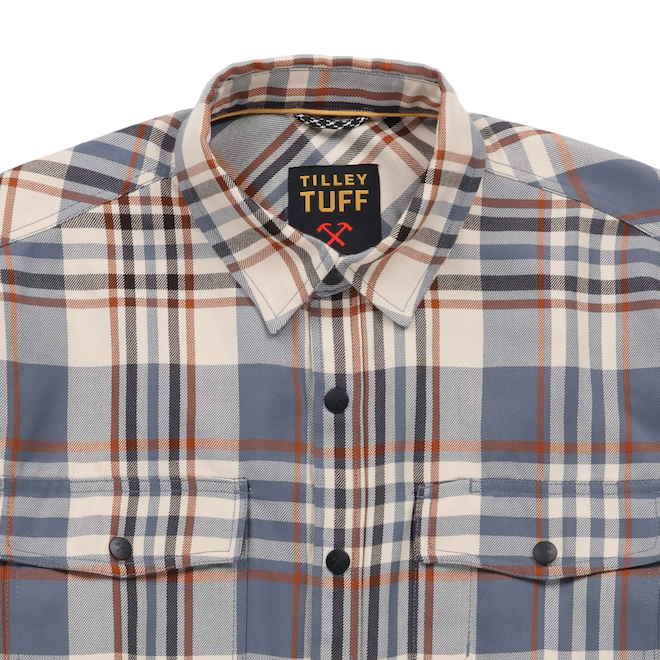 Tilley Tuff Work Shirt for Men with Chest Pockets in Blue and Greige Plaid Twill - 3X-Large