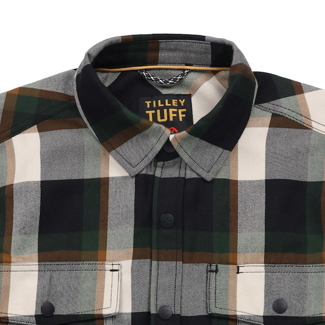 Tilley Tuff Work Shirt for Men with Chest Pockets in Green and Greige Plaid Twill - Medium